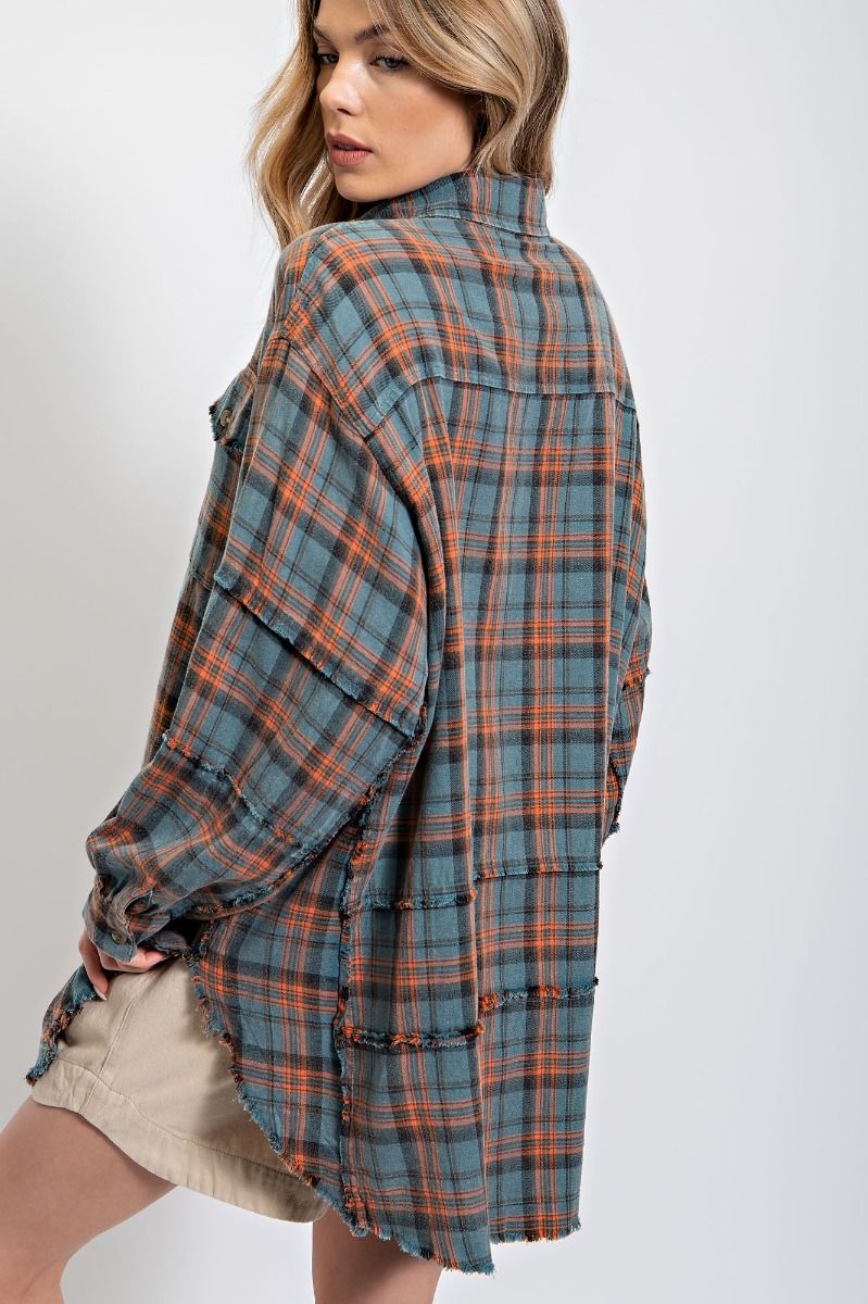 Easel Plus Mineral Washed Plaid Button Down Front Shirt Tops