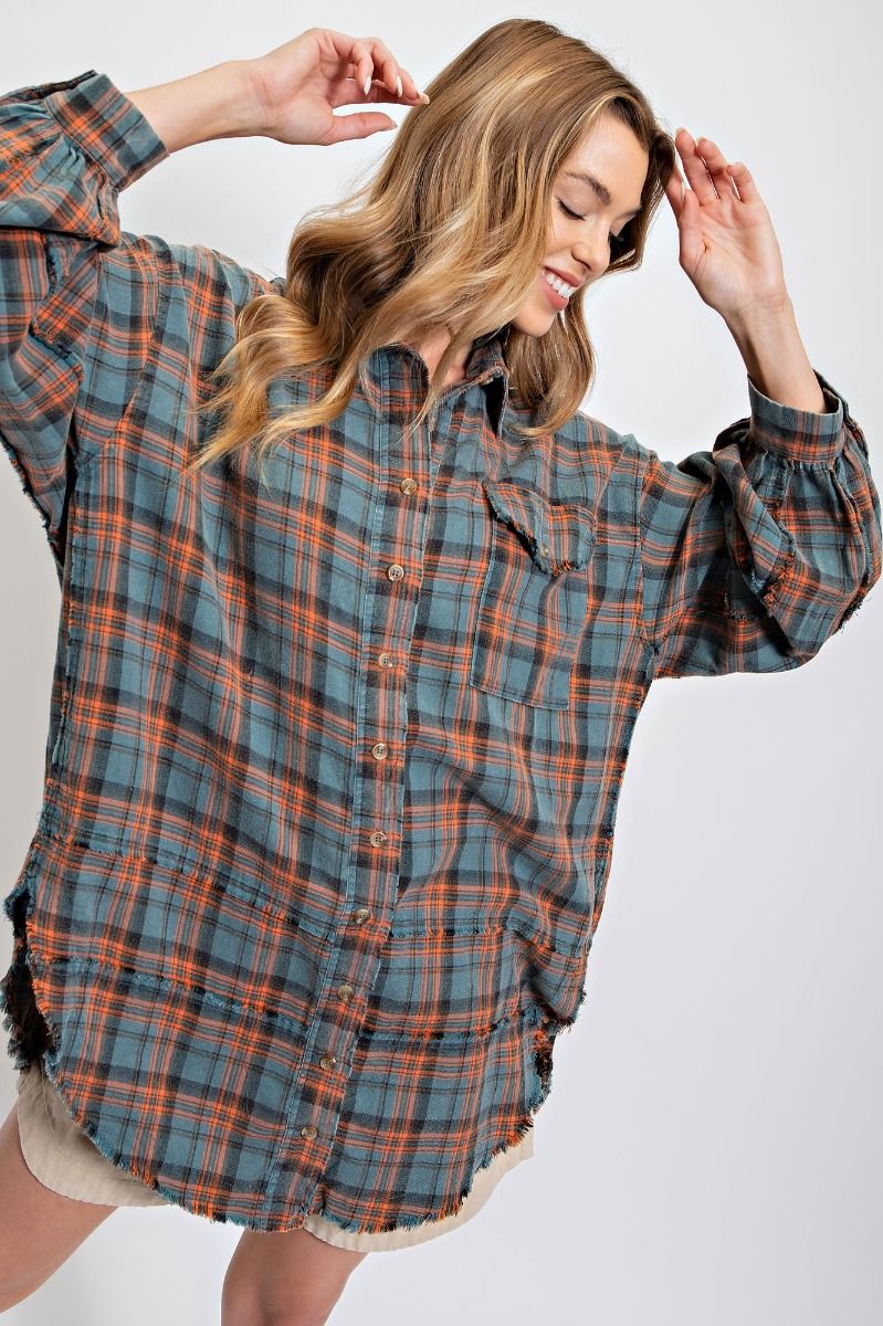 Easel Plus Mineral Washed Plaid Button Down Front Shirt Tops