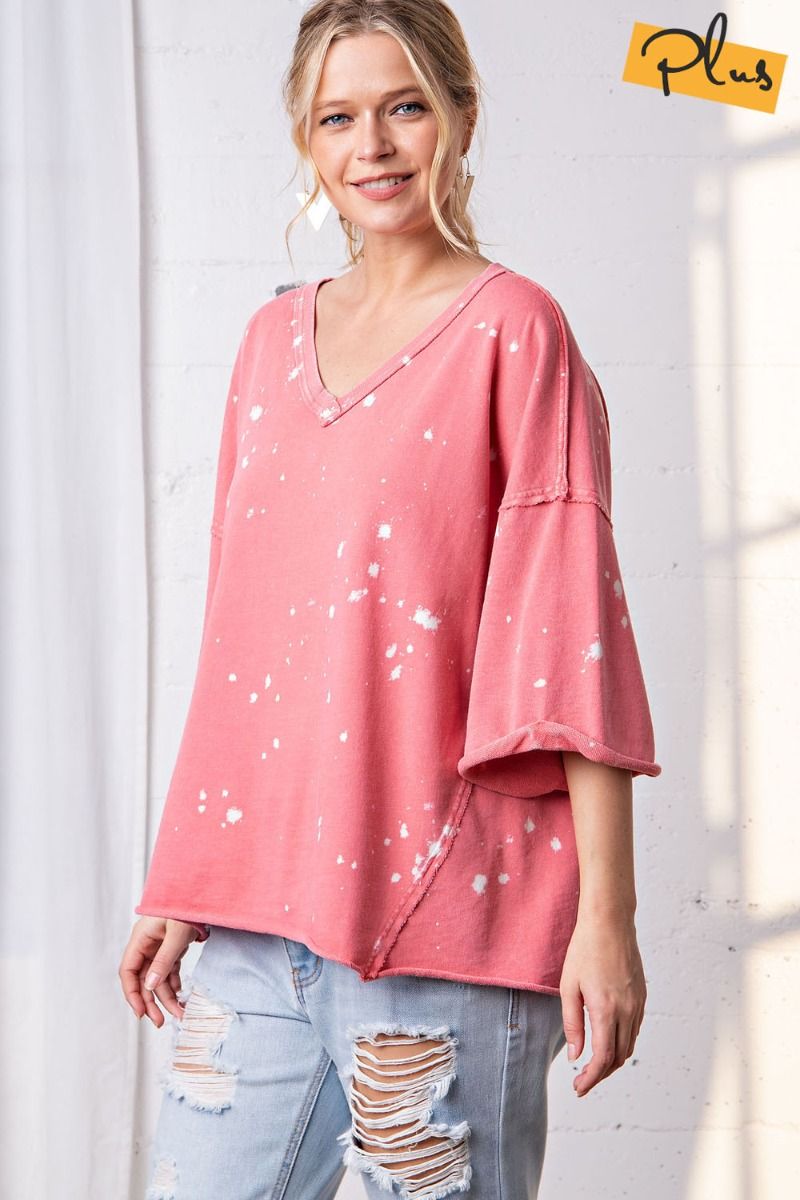 Easel Plus Mineral Washed Terry Knit Splatter Dyed Tops