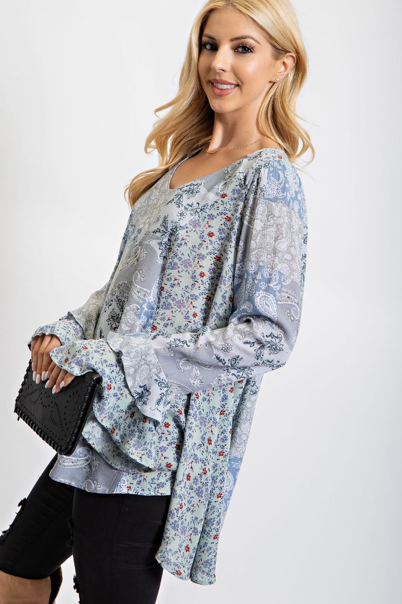 Easel Plus Mixed Print Ruffled Bell Sleeve Tunic Tops