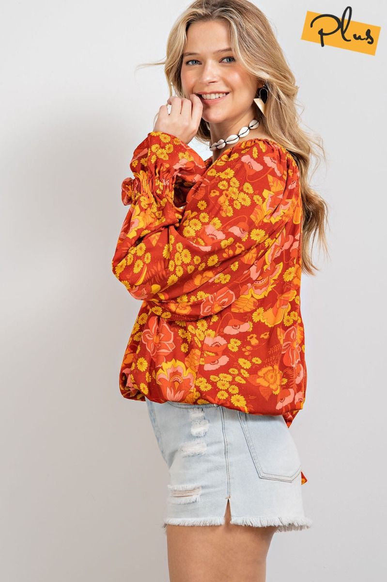 Easel Plus Floral Printed Square Neck Loose Fit Tops