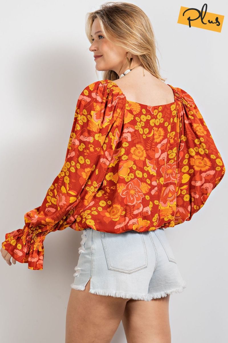 Easel Plus Floral Printed Square Neck Loose Fit Tops