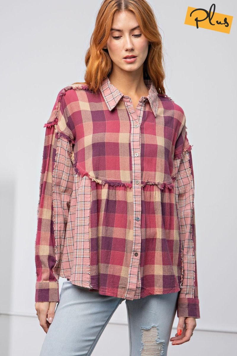 Easel Plus Gingham And Plaid Print Loose Fit Shirt Tops