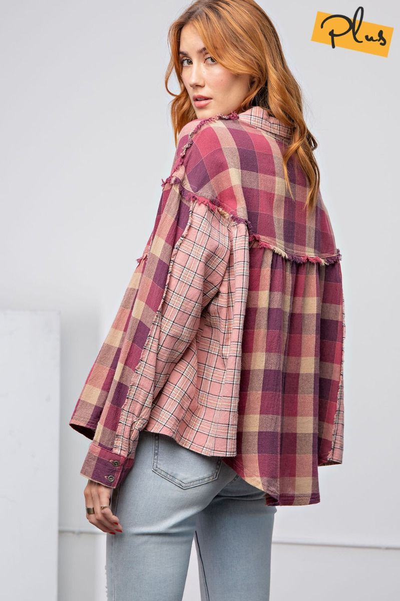 Easel Plus Gingham And Plaid Print Loose Fit Shirt Tops