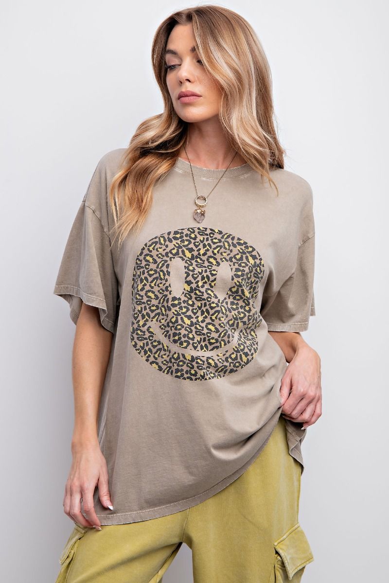 Easel Plus Happy Face Print Washed Cotton Tops