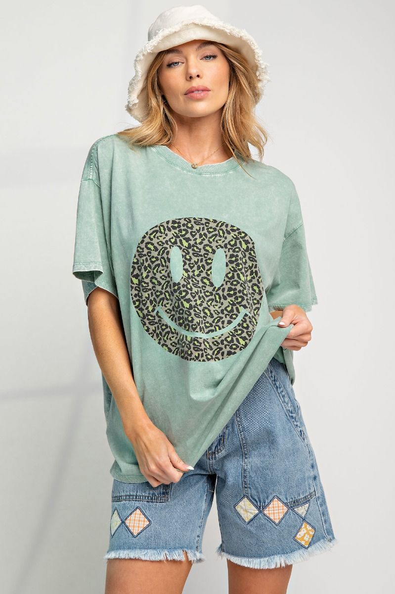 Easel Plus Happy Face Print Washed Cotton Tops