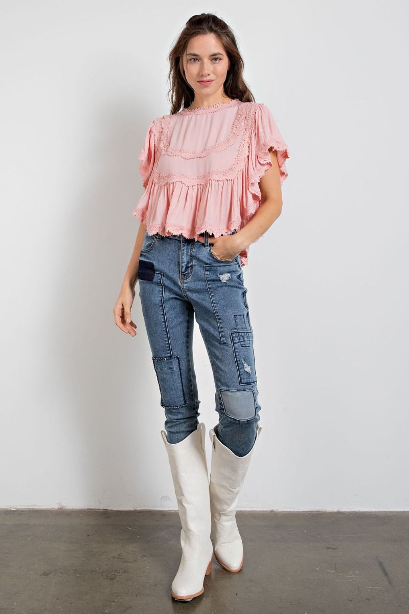 Easel Plus Ruffled Crop Wing Sleeves Crochet Trim Tops