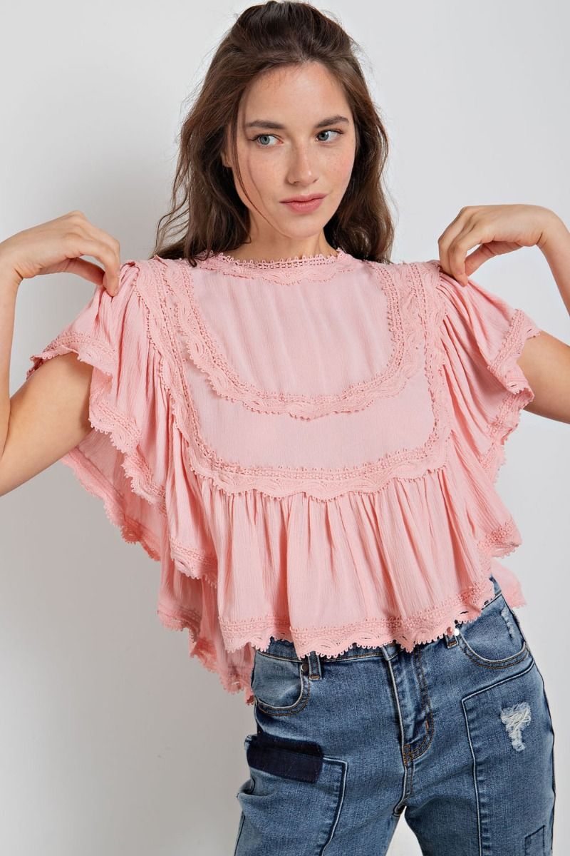 Easel Plus Ruffled Crop Wing Sleeves Crochet Trim Tops