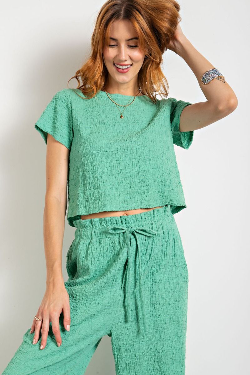 Easel Plus Crew Neck Relaxed Textured Woven Tops