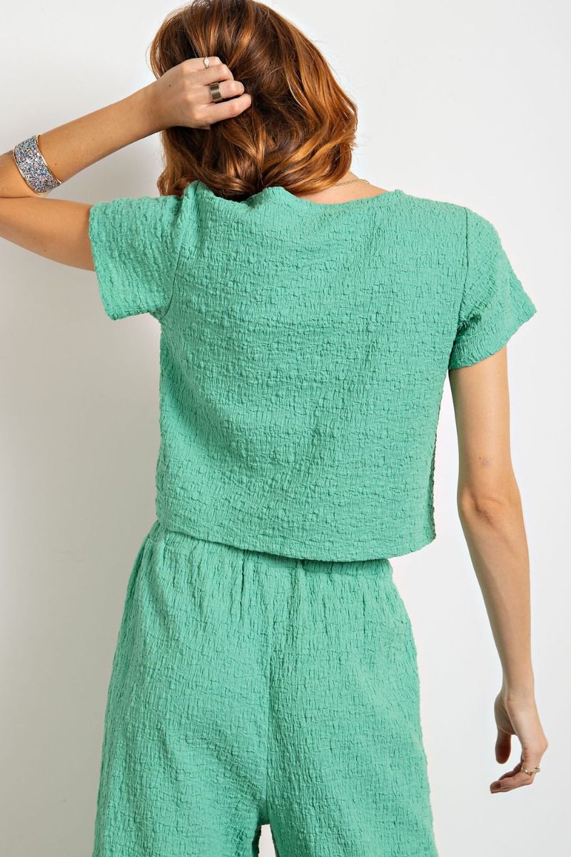 Easel Plus Crew Neck Relaxed Textured Woven Tops