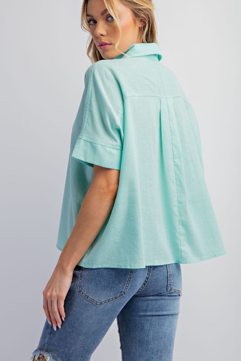 Easel Plus Collared Poly Linen Button Down Shirt Tops
