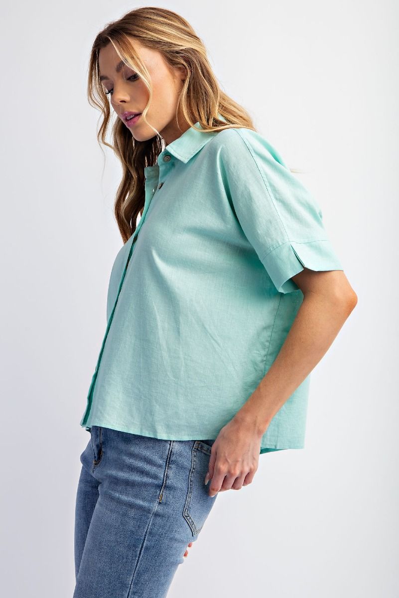 Easel Plus Collared Poly Linen Button Down Shirt Tops