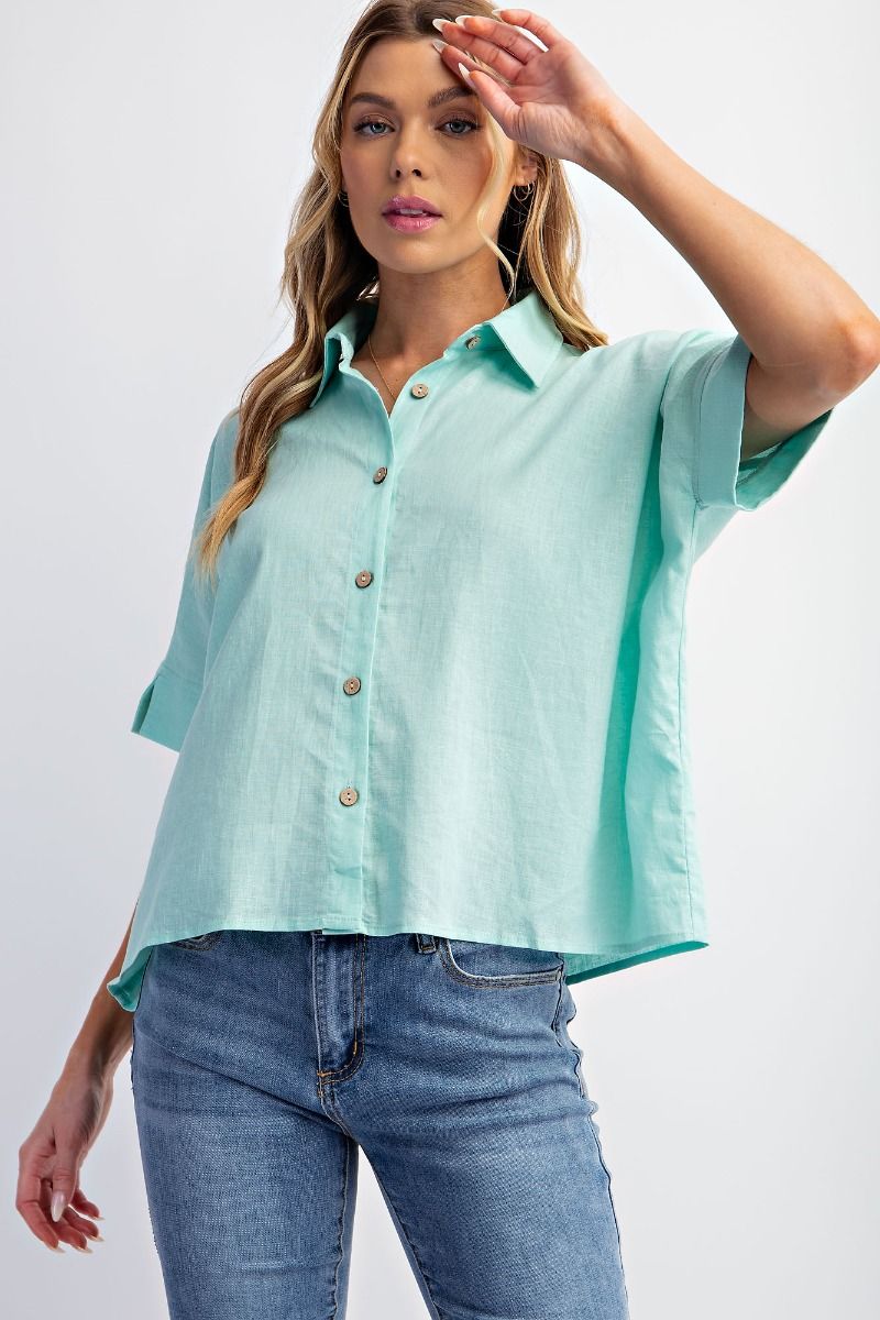 Easel Plus Collared Poly Linen Button Down Shirt Tops