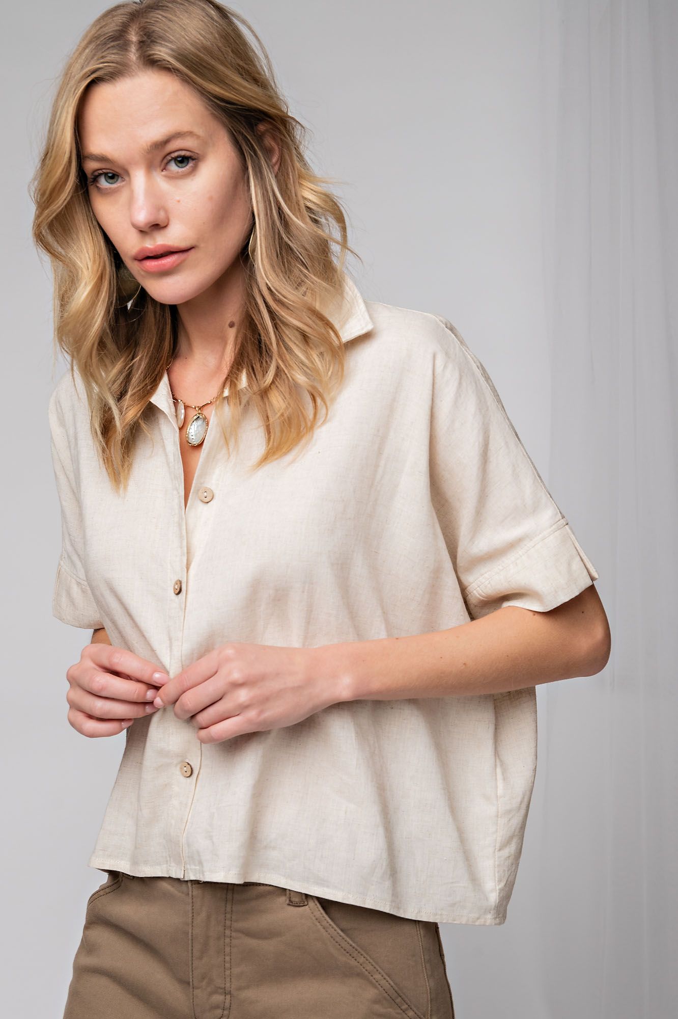 Easel Plus Collared Poly Linen Button Down Shirt Tops