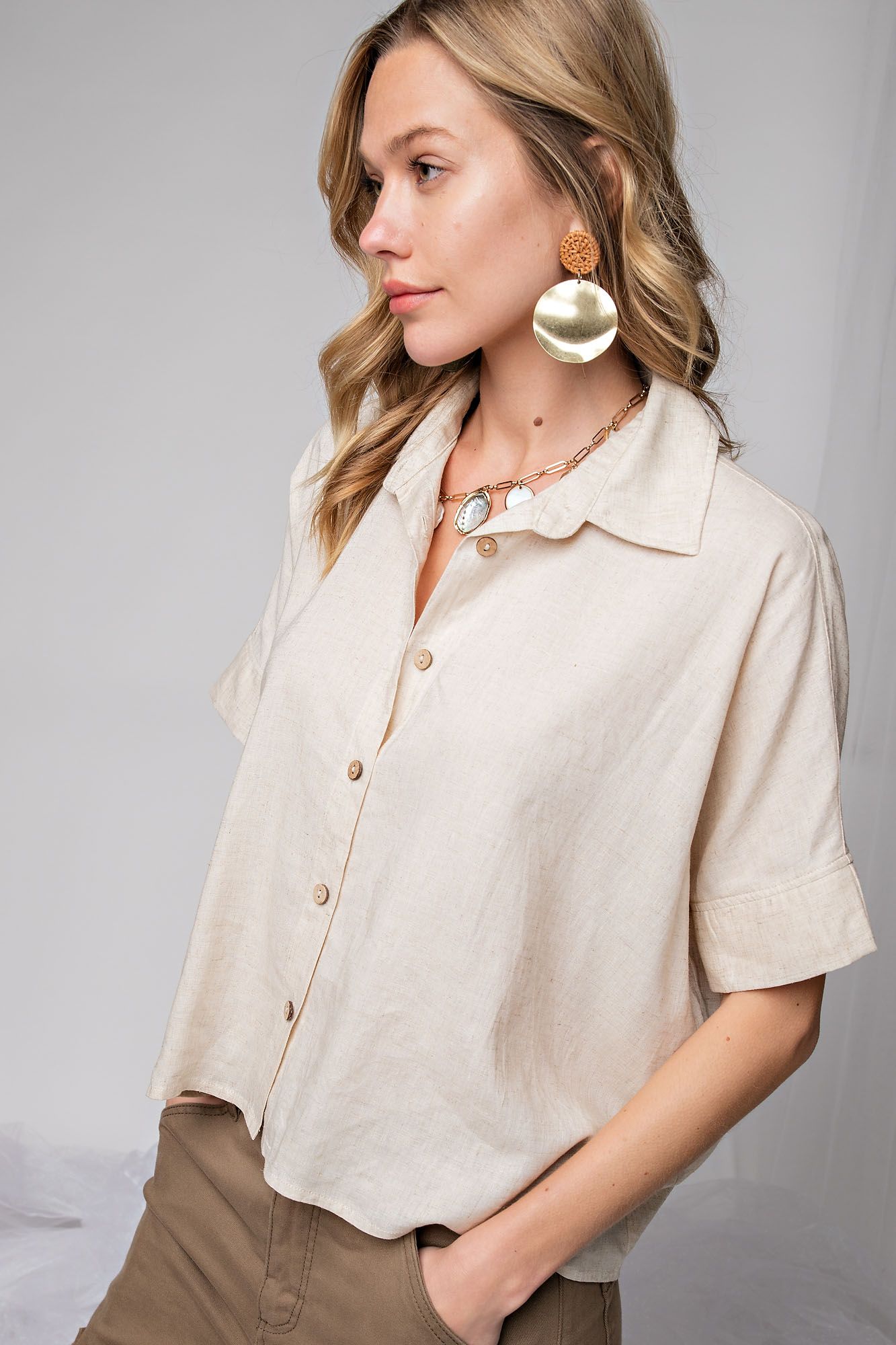 Easel Plus Collared Poly Linen Button Down Shirt Tops