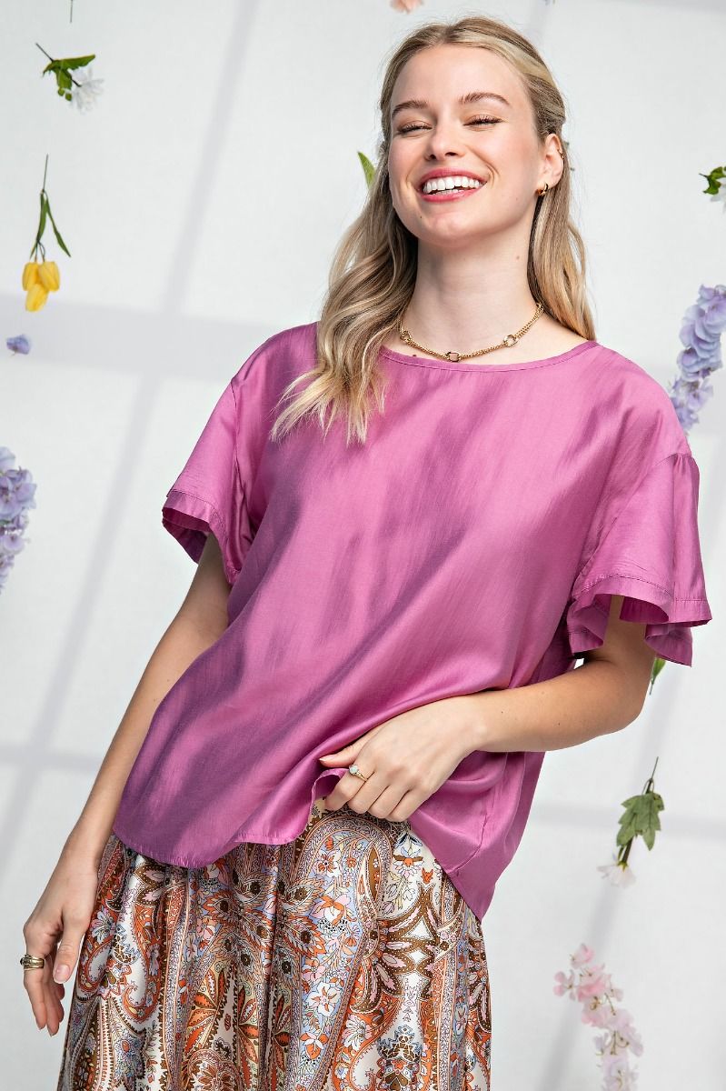 Easel Plus Silky Ruffle Short Sleeve Loose Fit Blouse Tops