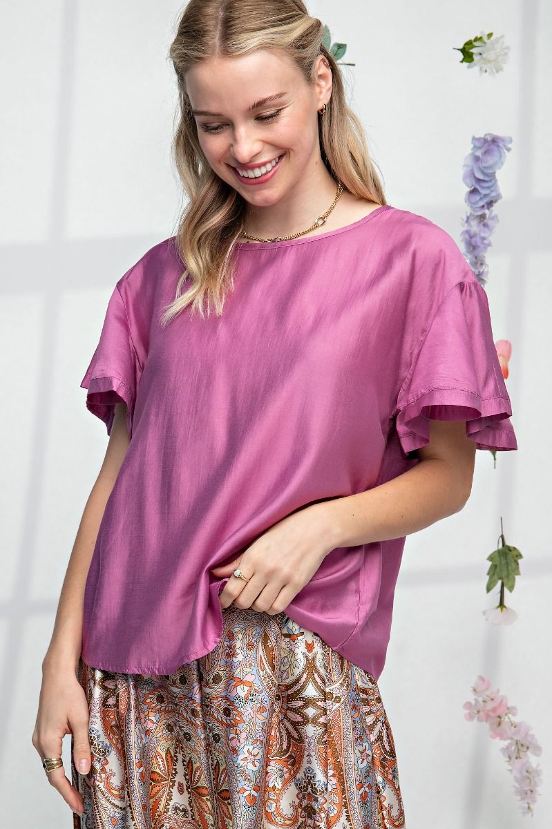 Easel Plus Silky Ruffle Short Sleeve Loose Fit Blouse Tops