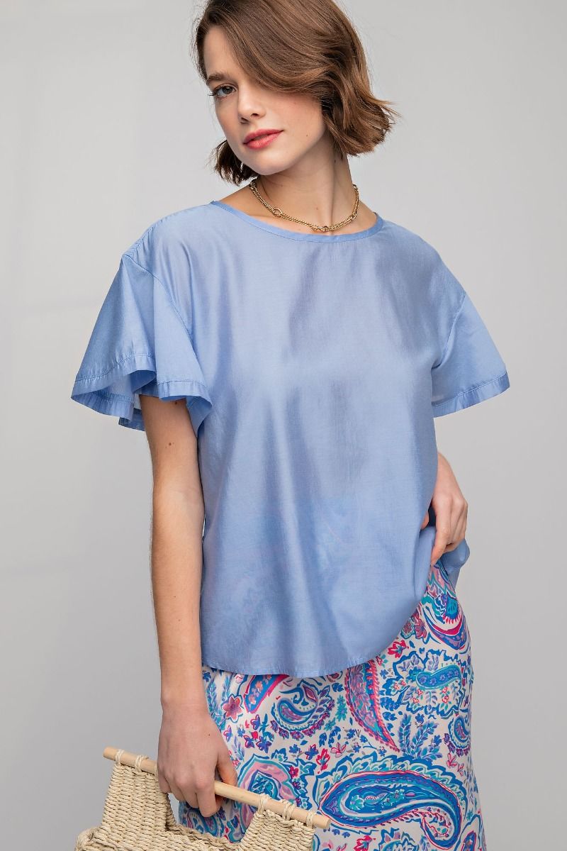 Easel Plus Silky Ruffle Short Sleeve Loose Fit Blouse Tops