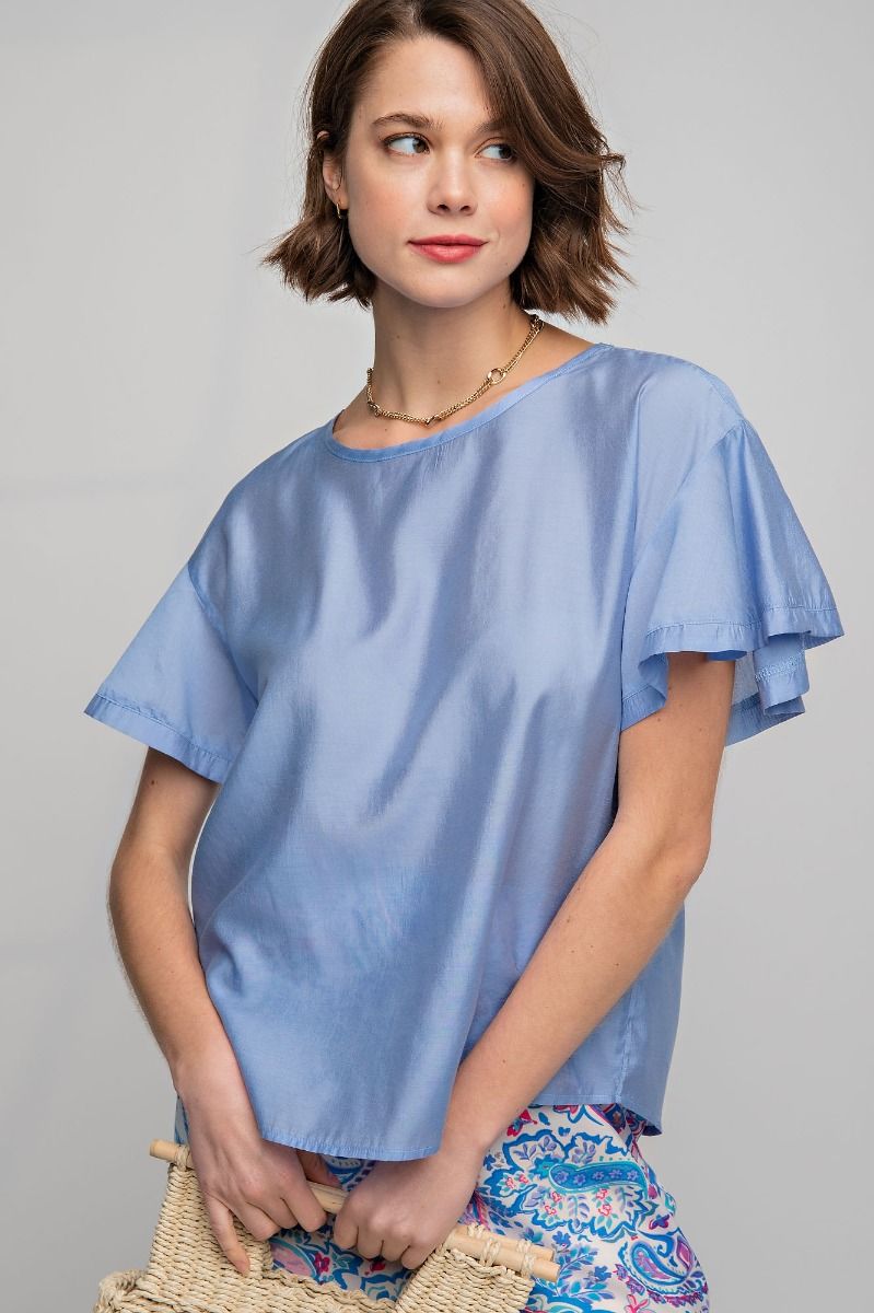 Easel Plus Silky Ruffle Short Sleeve Loose Fit Blouse Tops