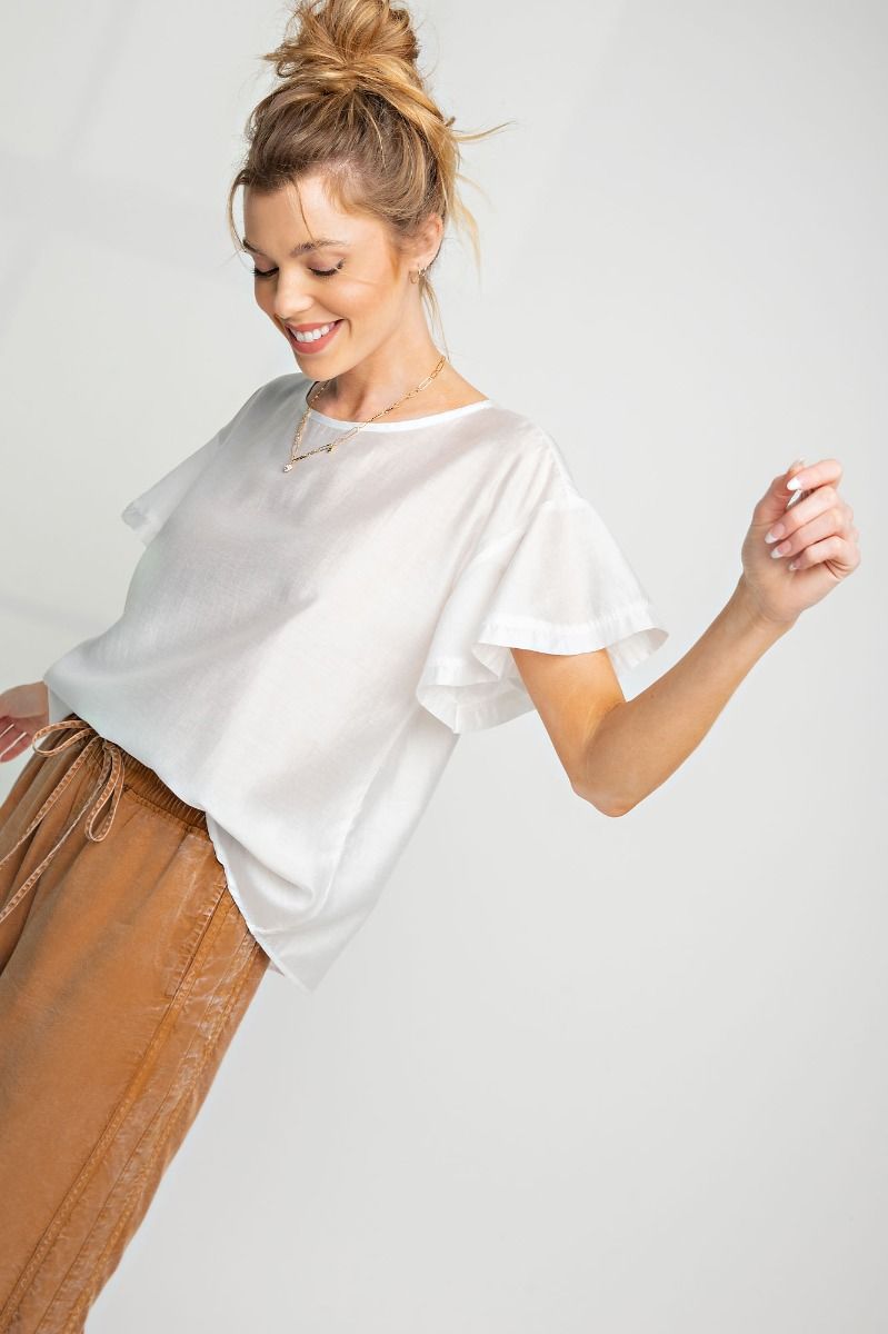 Easel Plus Silky Ruffle Short Sleeve Loose Fit Blouse Tops