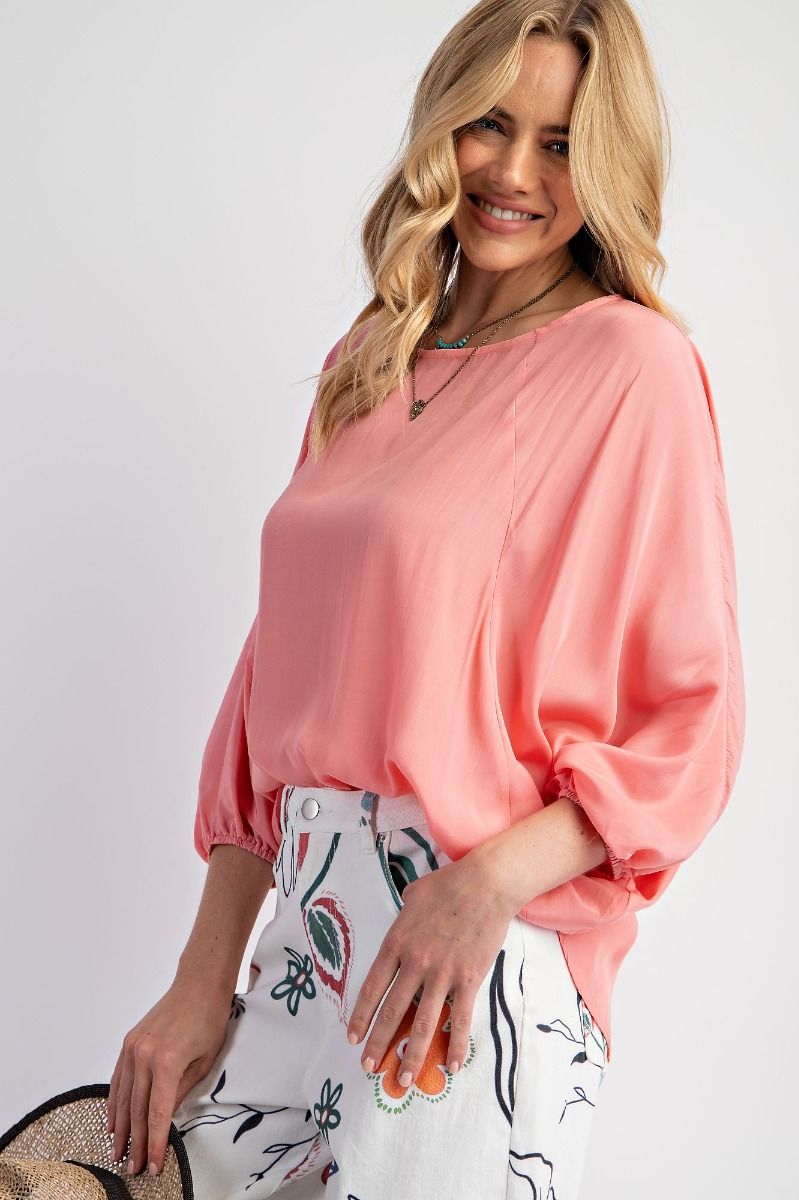 Easel Plus Washed Satin Dolman Sleeves Loose Fit Tops