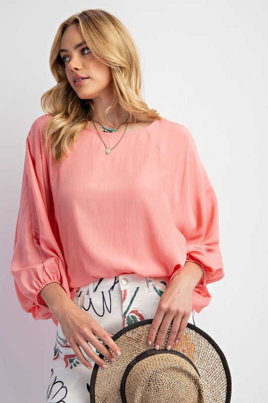 Easel Plus Washed Satin Dolman Sleeves Loose Fit Tops