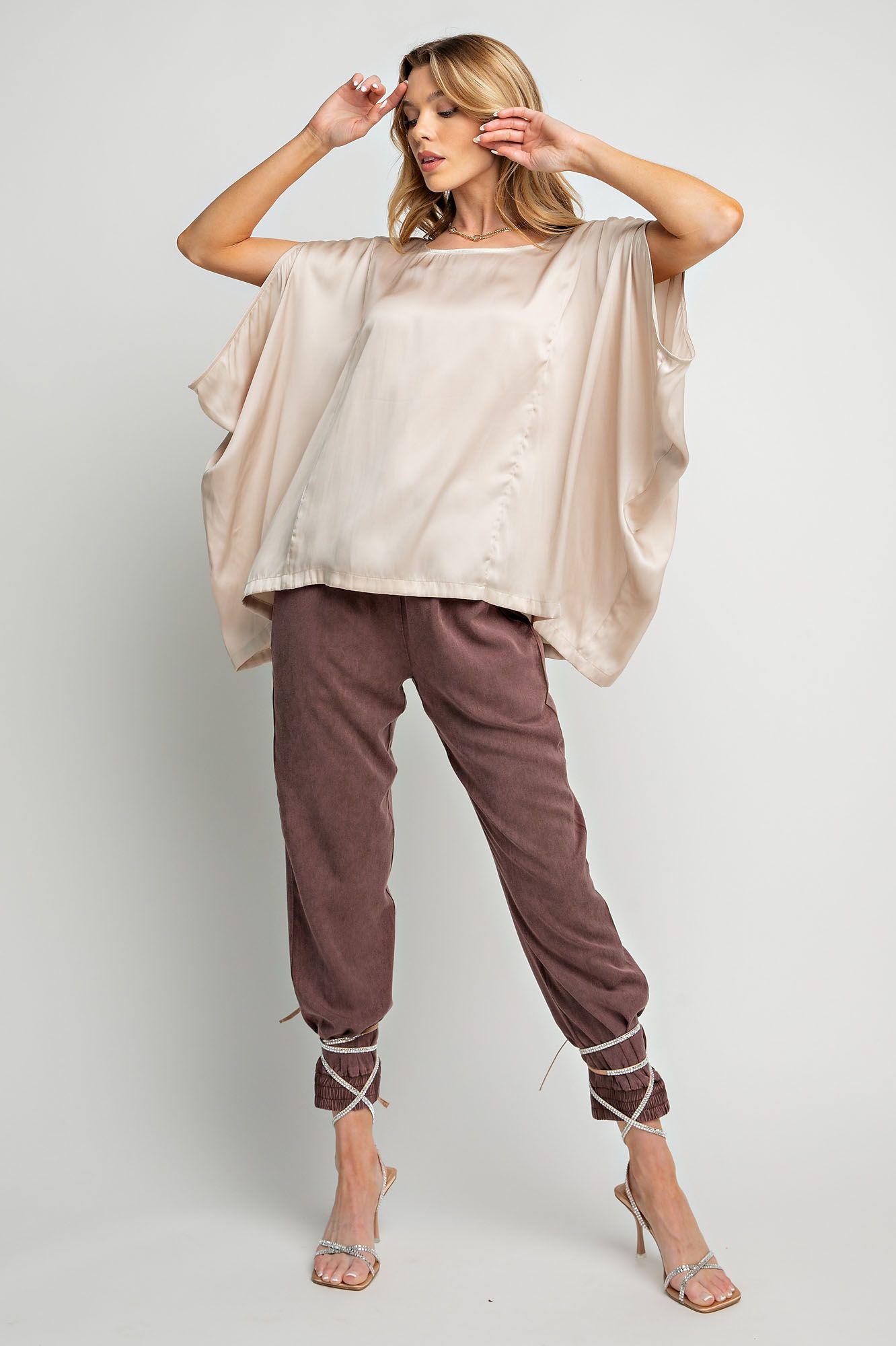 Easel Plus Silky Silky Satin Dolman Sleeve Loose Fit Tops