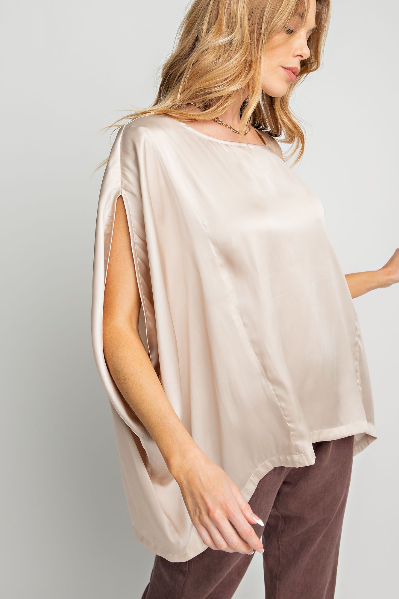 Easel Plus Silky Silky Satin Dolman Sleeve Loose Fit Tops