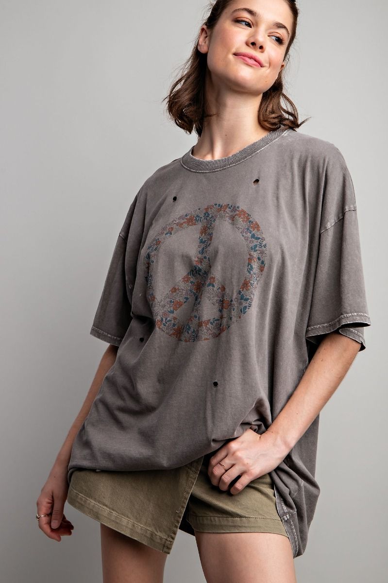 Easel Plus Peace Sign Printed Washed Tee Tops