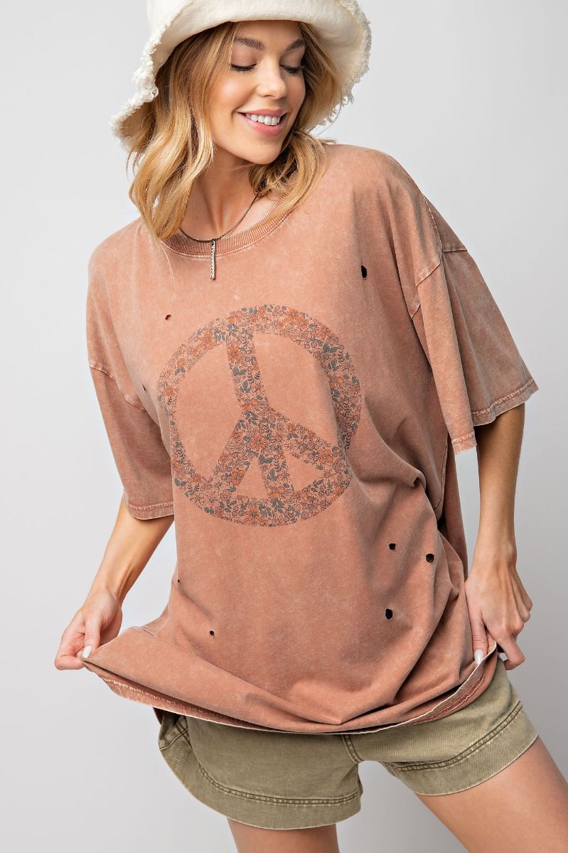 Easel Plus Peace Sign Printed Washed Tee Tops