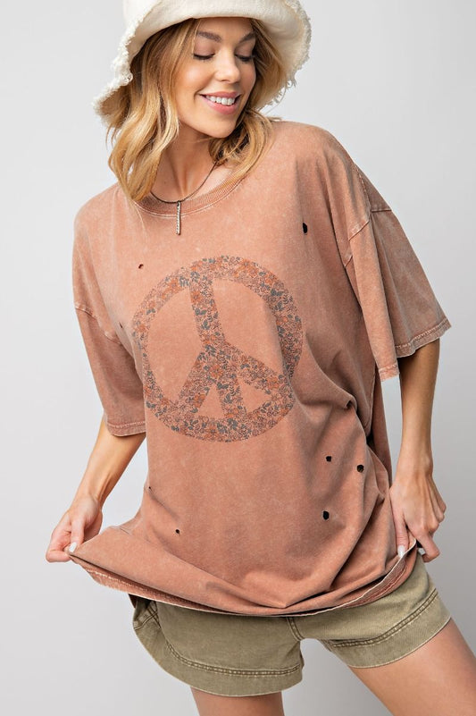 Easel Plus Peace Sign Printed Washed Tee Tops