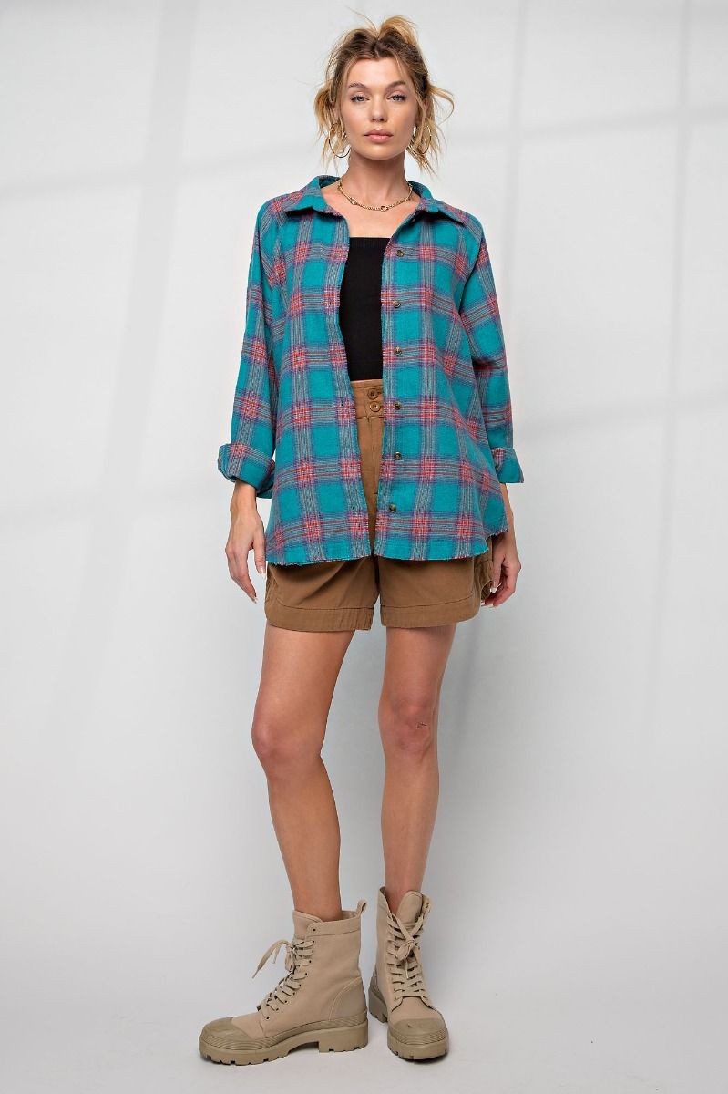 Easel Plus Plaid Button Down Collared Neck Shirt Tops