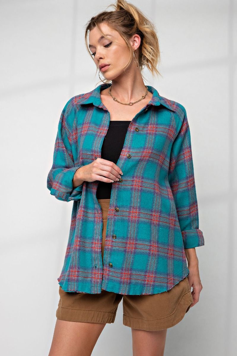 Easel Plus Plaid Button Down Collared Neck Shirt Tops