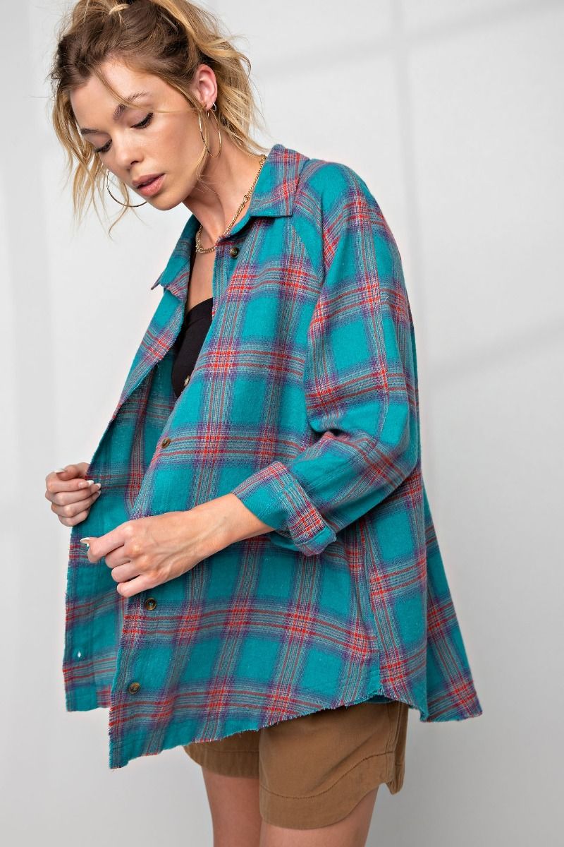 Easel Plus Plaid Button Down Collared Neck Shirt Tops
