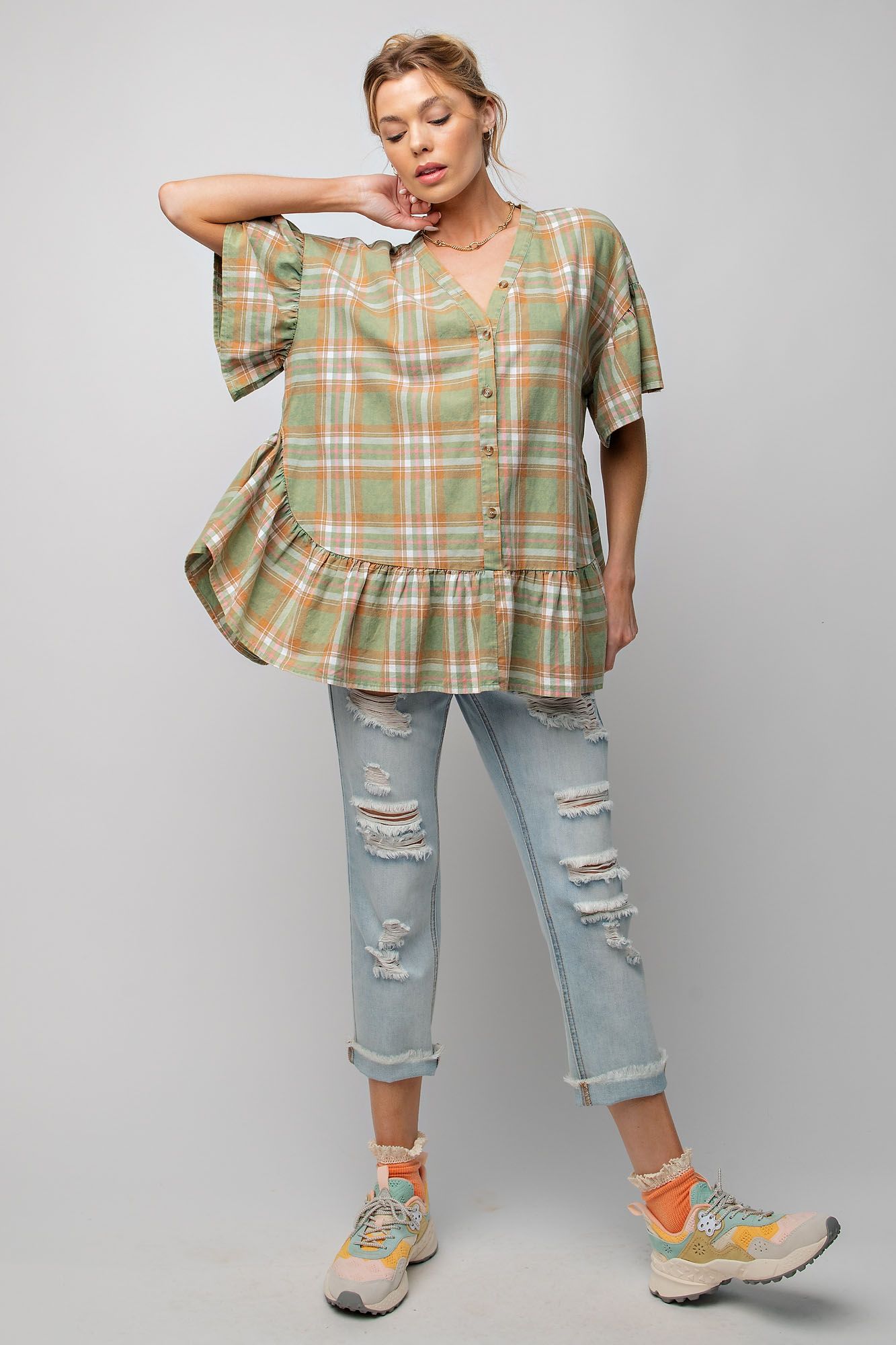 Easel Plus Plaid Button Down Ruched Half Ruffle Sleeves Tops