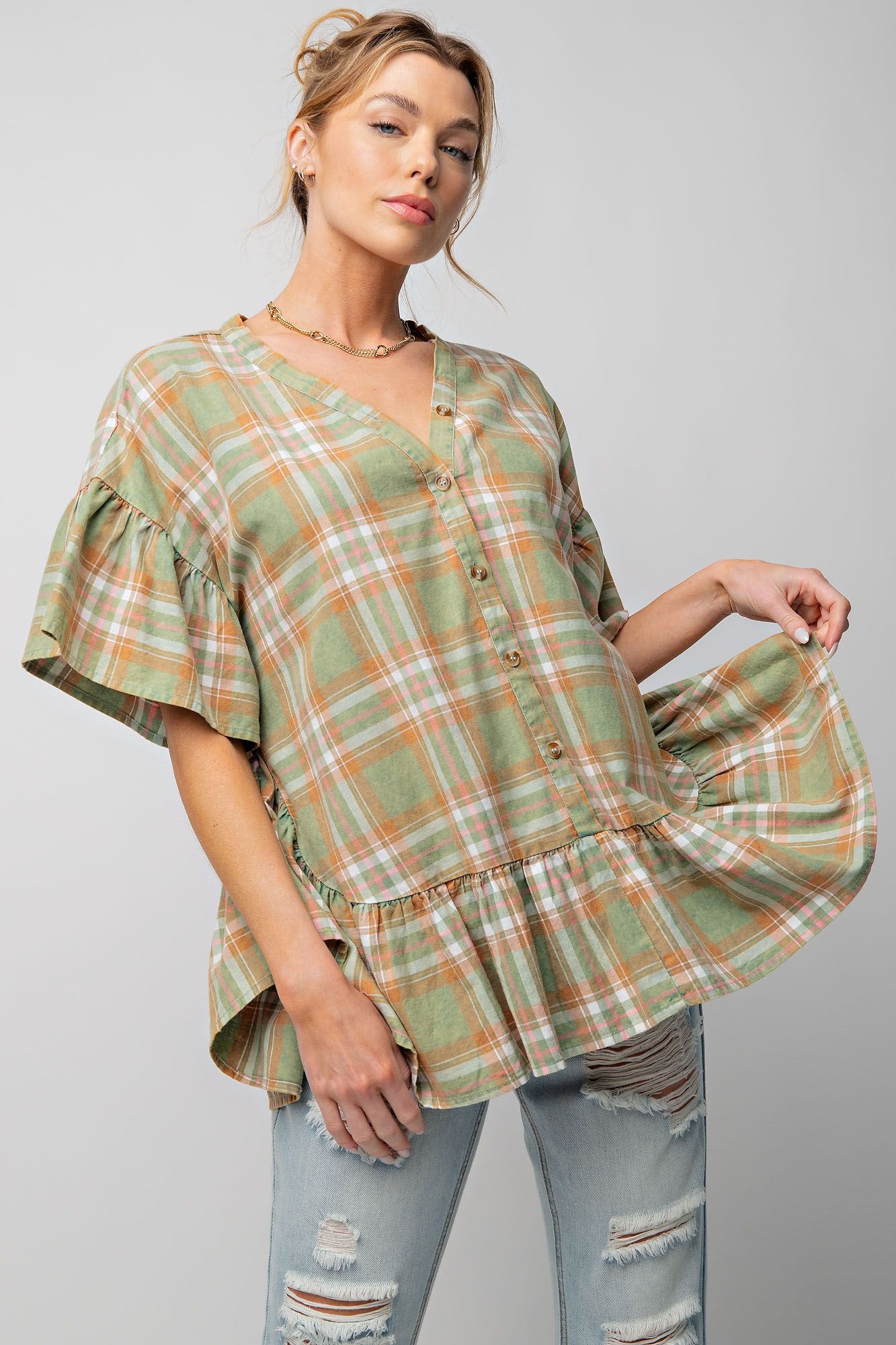 Easel Plus Plaid Button Down Ruched Half Ruffle Sleeves Tops