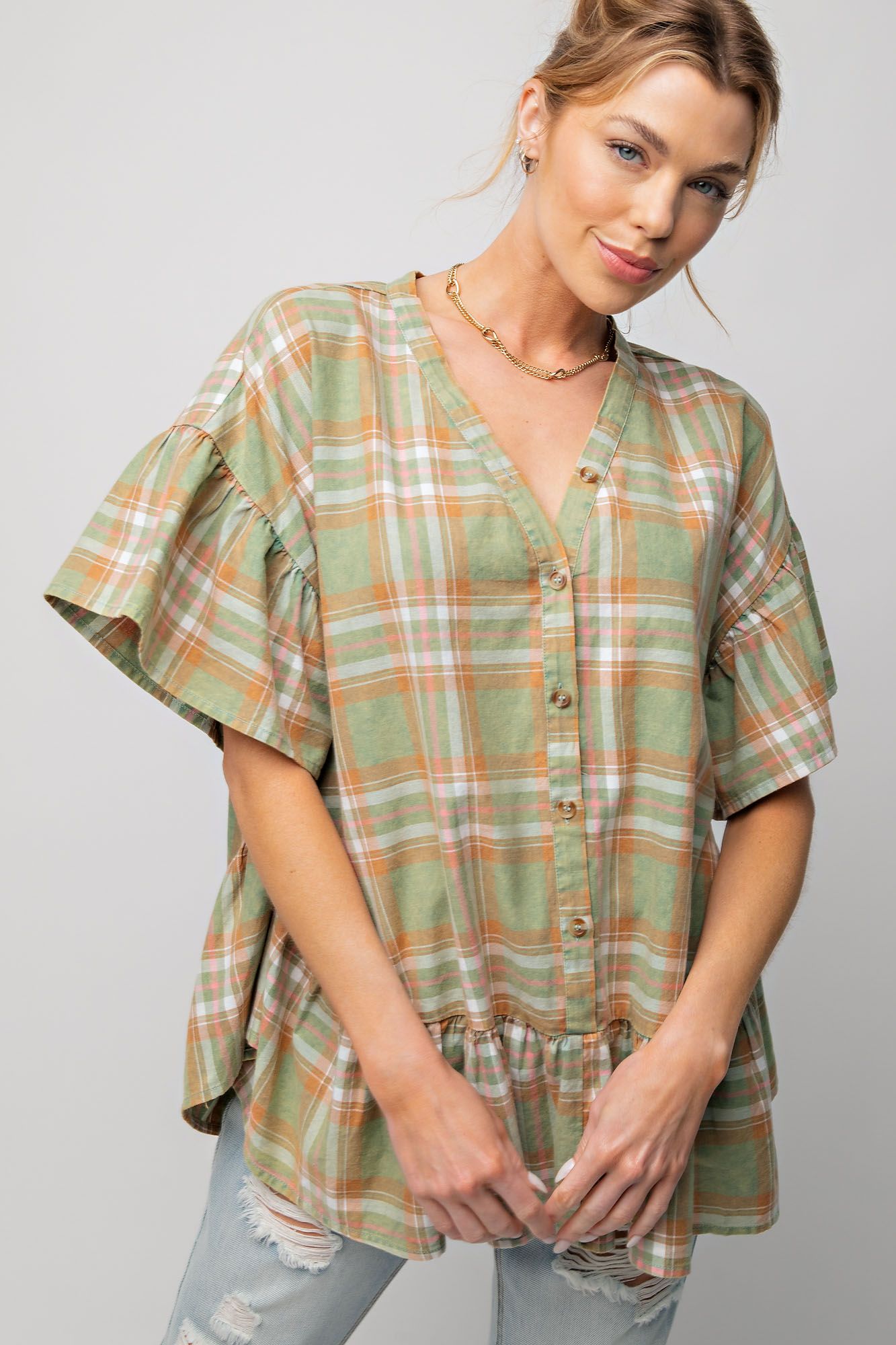 Easel Plus Plaid Button Down Ruched Half Ruffle Sleeves Tops