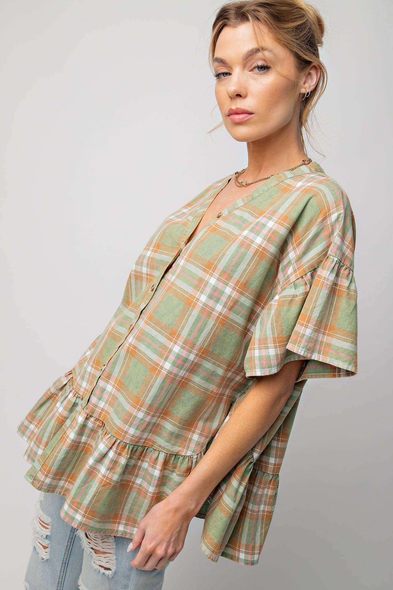 Easel Plus Plaid Button Down Ruched Half Ruffle Sleeves Tops