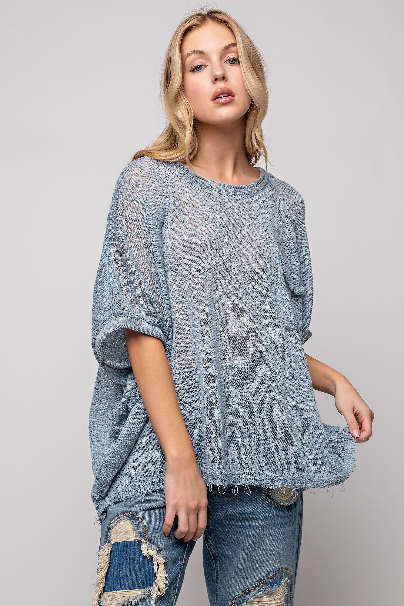 Easel Plus Lightweight Dolman Sleeves Chest Pockets Thin Sweater Tops