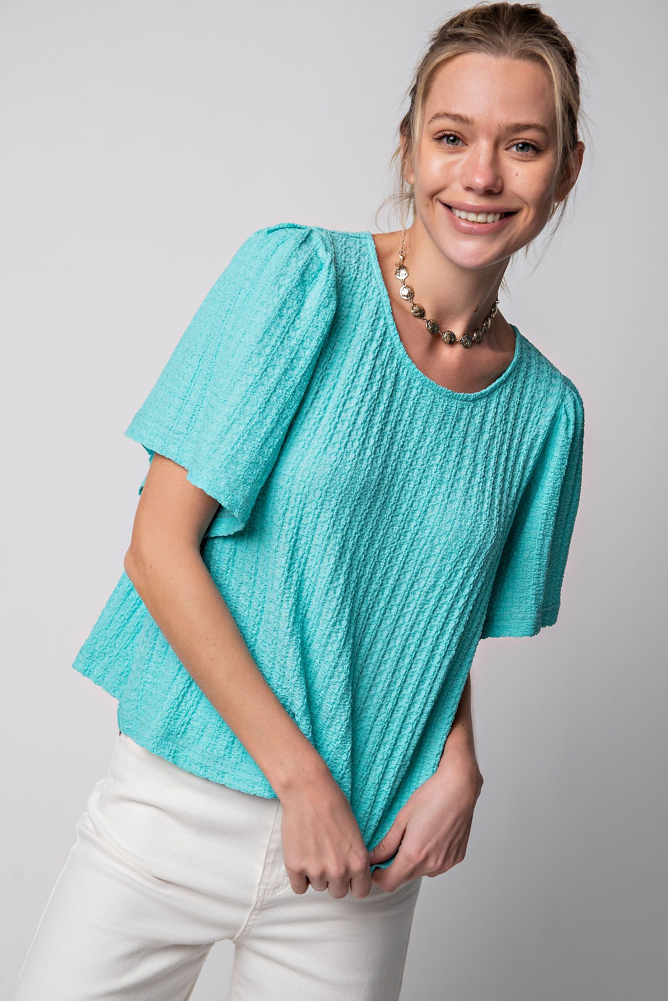 Easel Plus Textured Bell Short Sleeves Pleated Knit Tops
