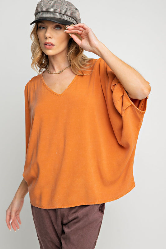 Easel Plus Mineral Washed Challis 3/4 Sleeve V Neck Tops