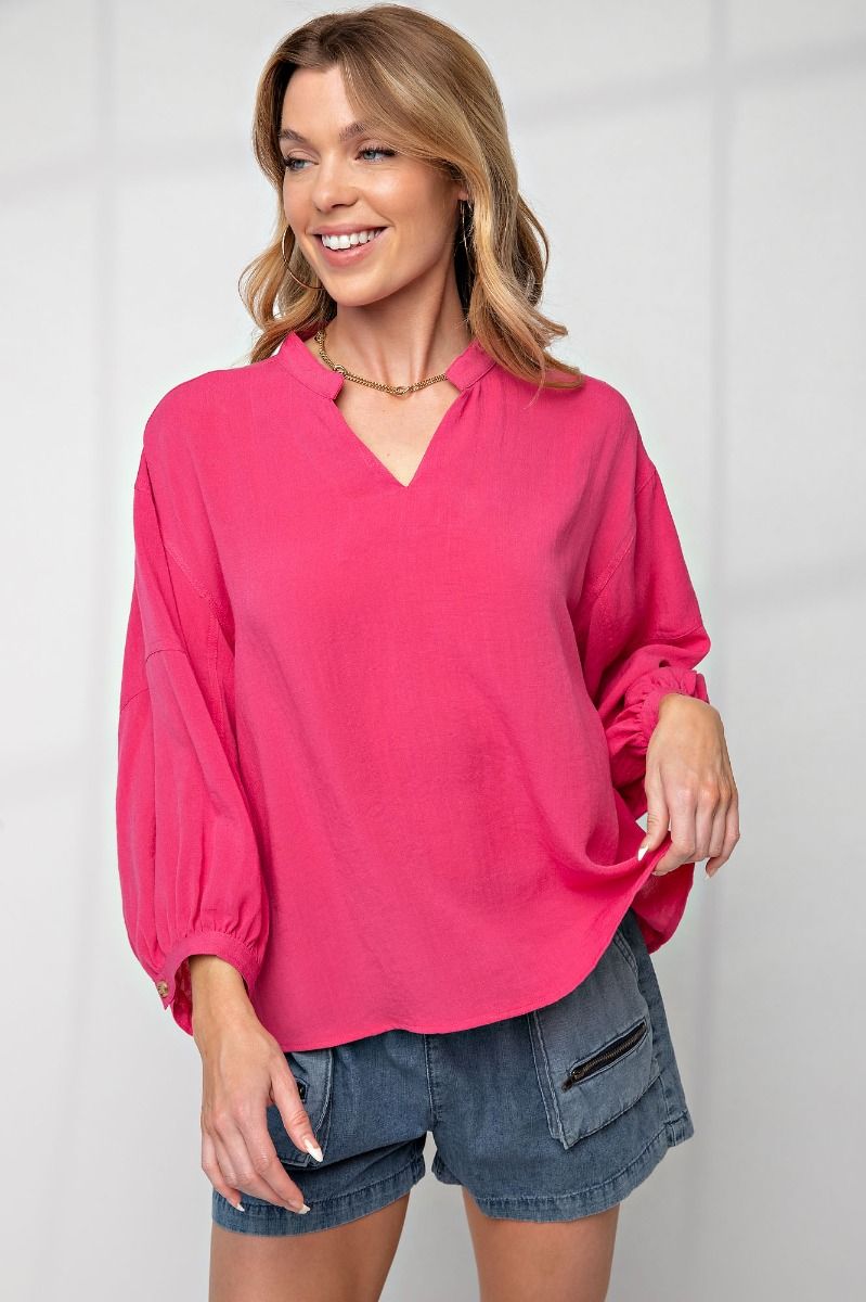 Easel Plus Linen Notched Neck Loose Fit Oversized Tops