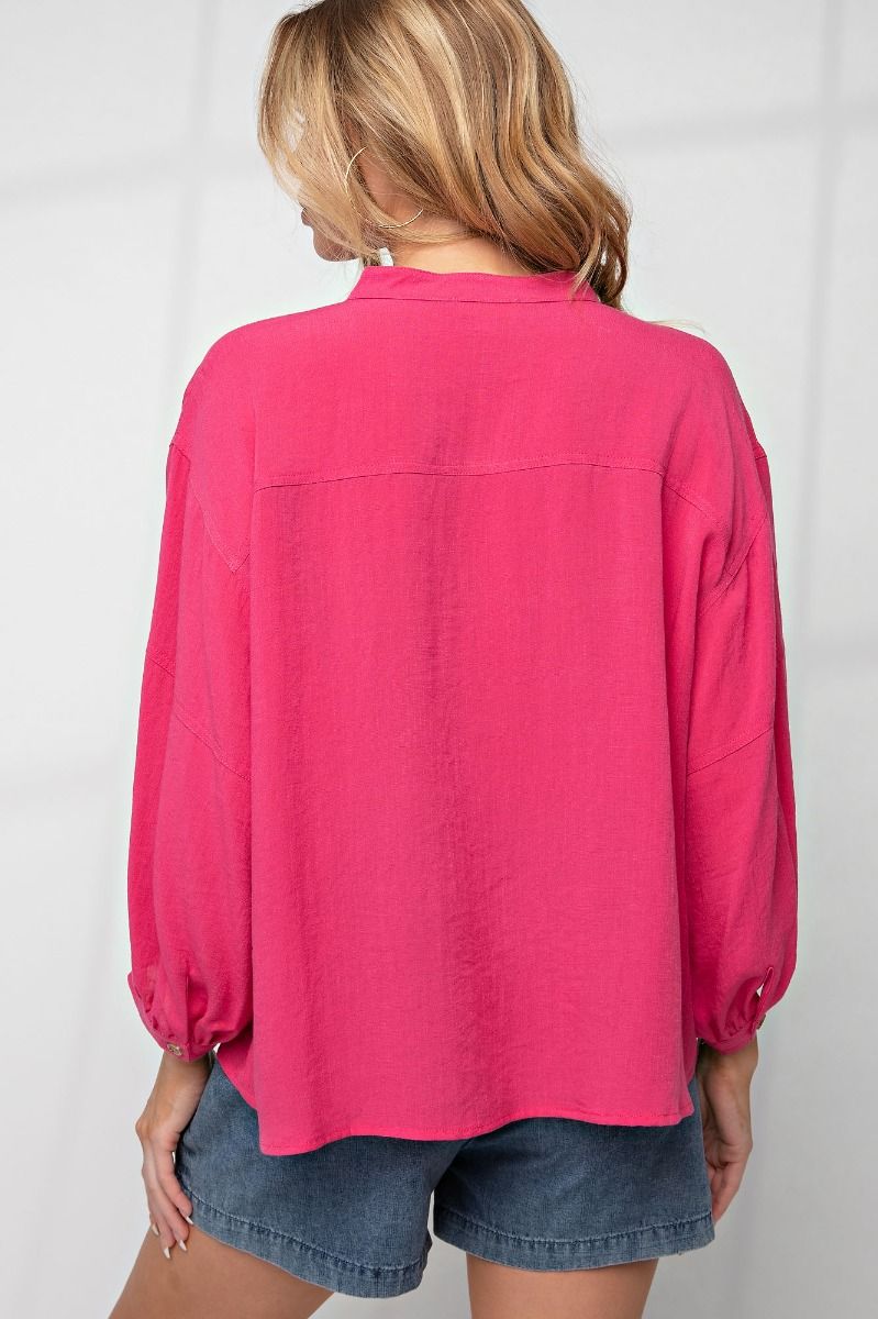 Easel Plus Linen Notched Neck Loose Fit Oversized Tops