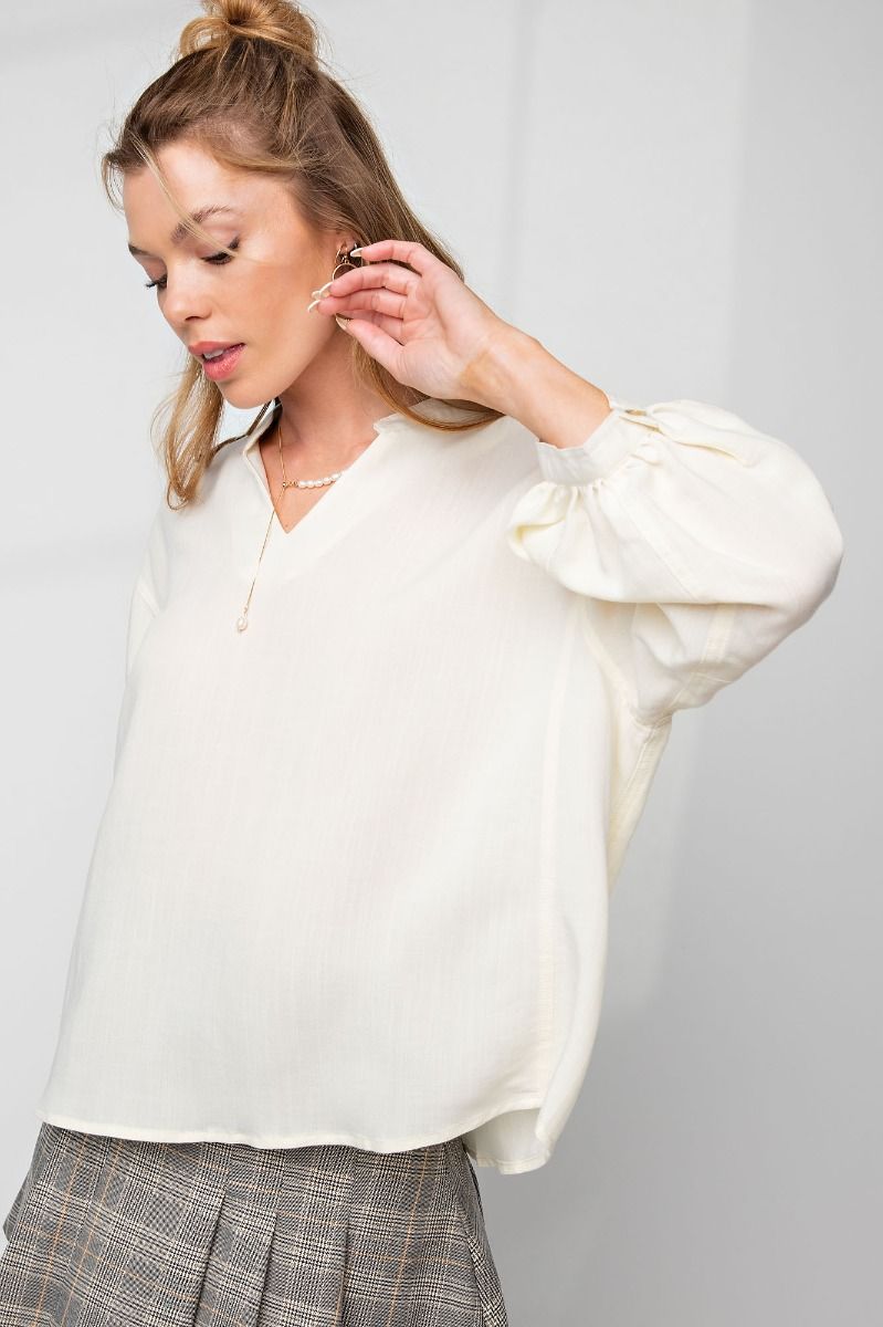 Easel Plus Linen Notched Neck Loose Fit Oversized Tops