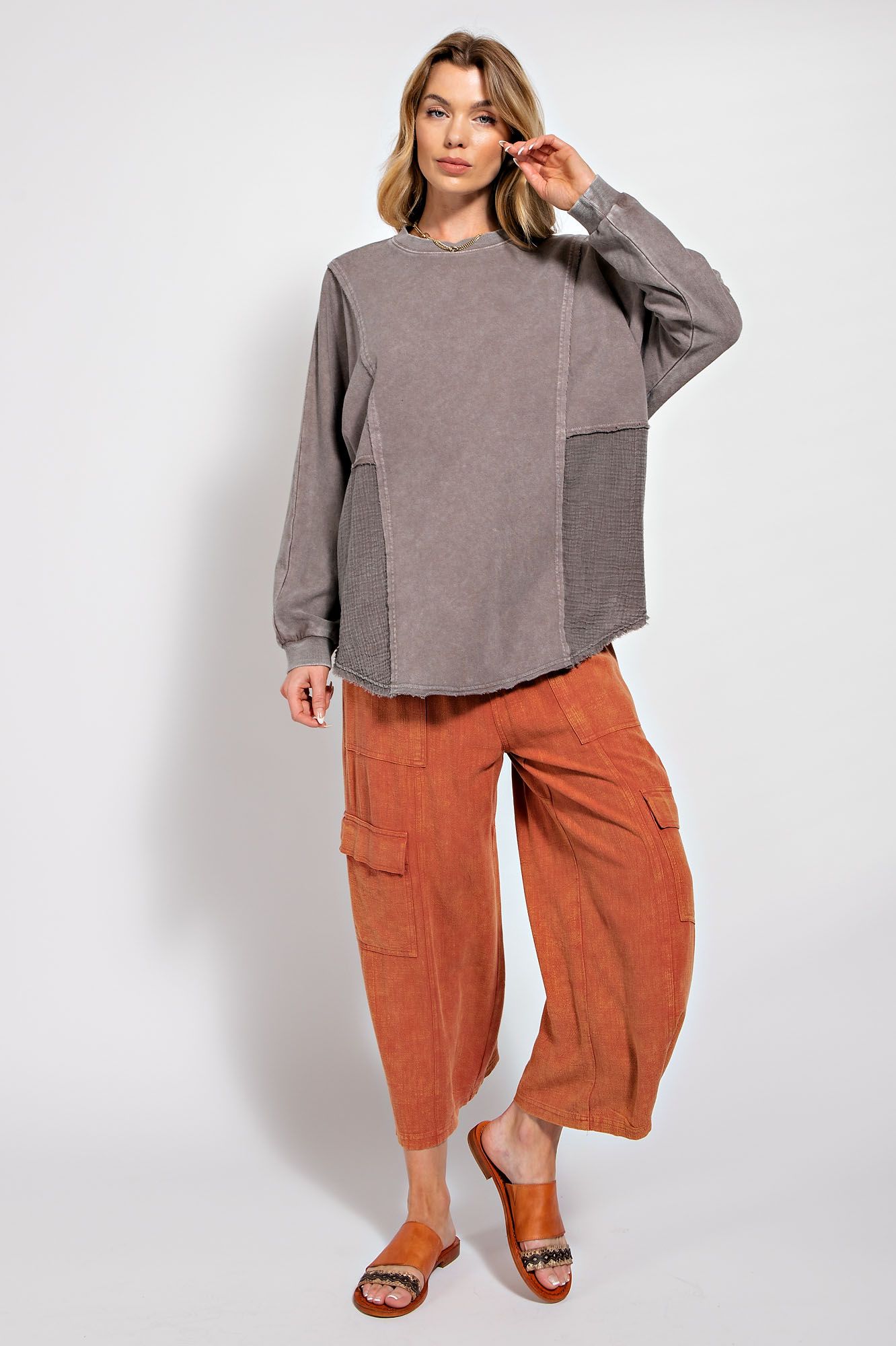 Easel Plus Washed Terry Crew Neck Pullover Boxy Tunic Tops