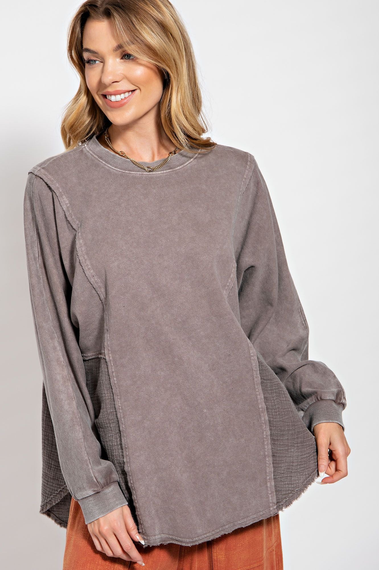 Easel Plus Washed Terry Crew Neck Pullover Boxy Tunic Tops