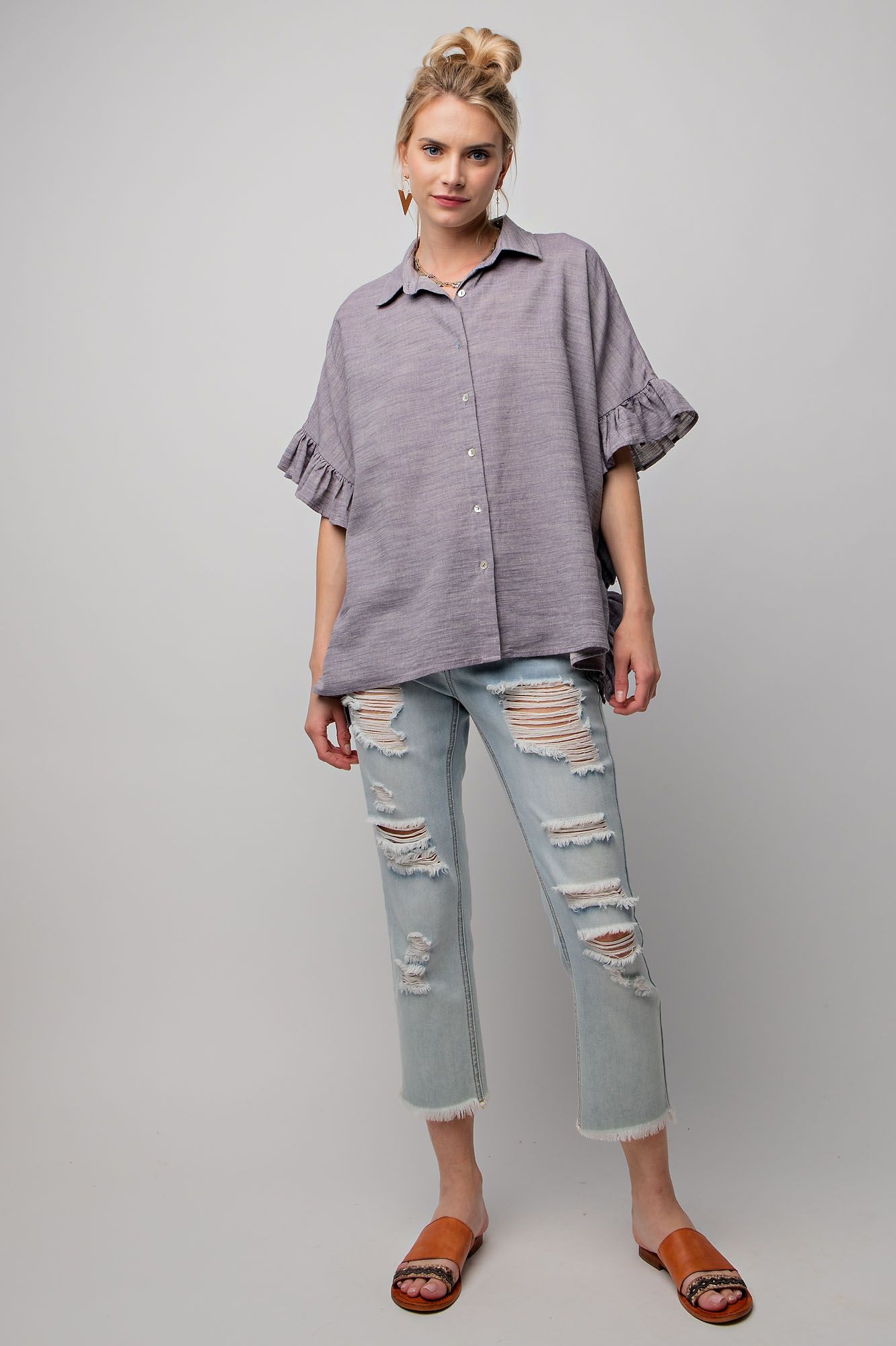 Easel Plus Melange Cotton Linen Oversized Tops