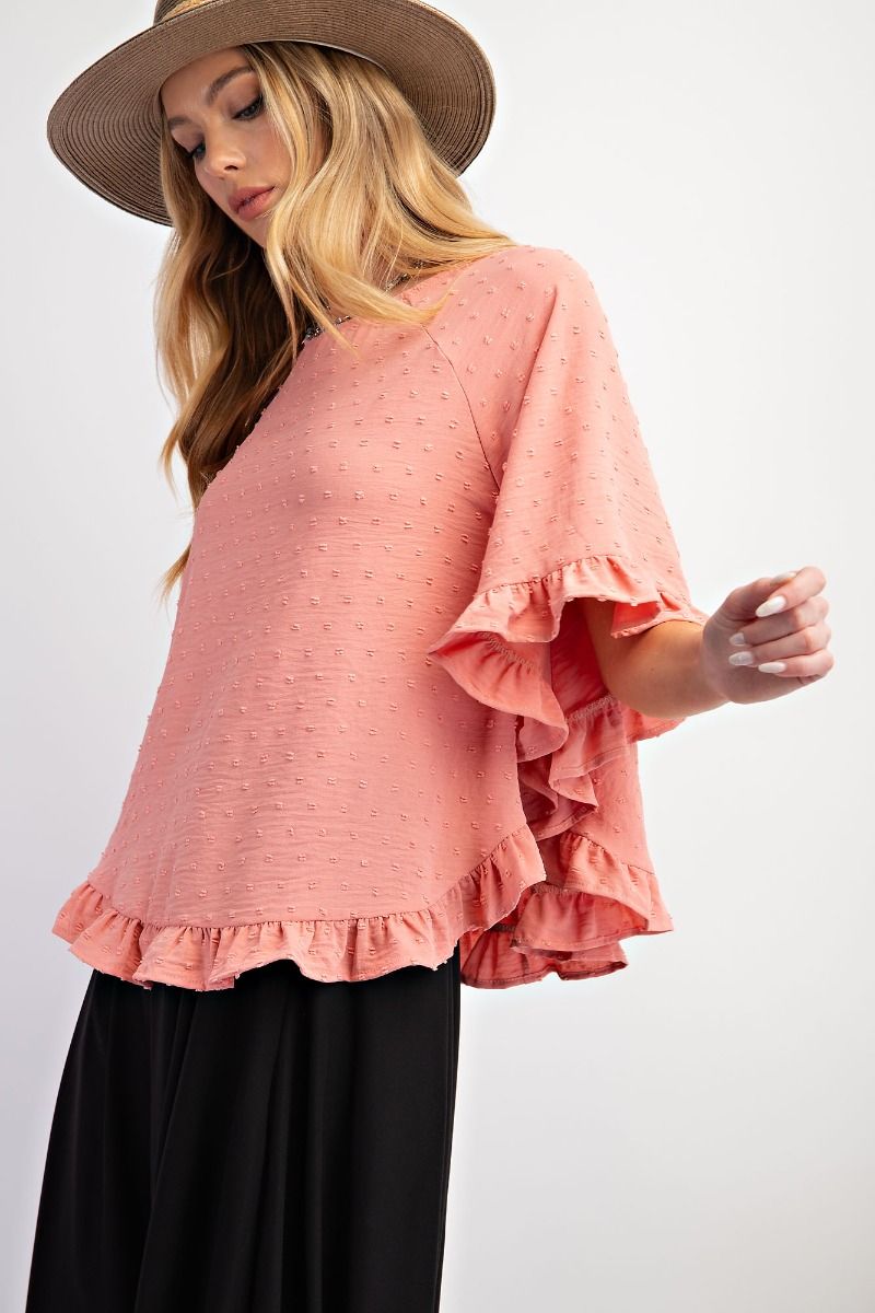 Easel Plus Pom Pom Ruched Edges Wing Half Sleeves Swing Tops