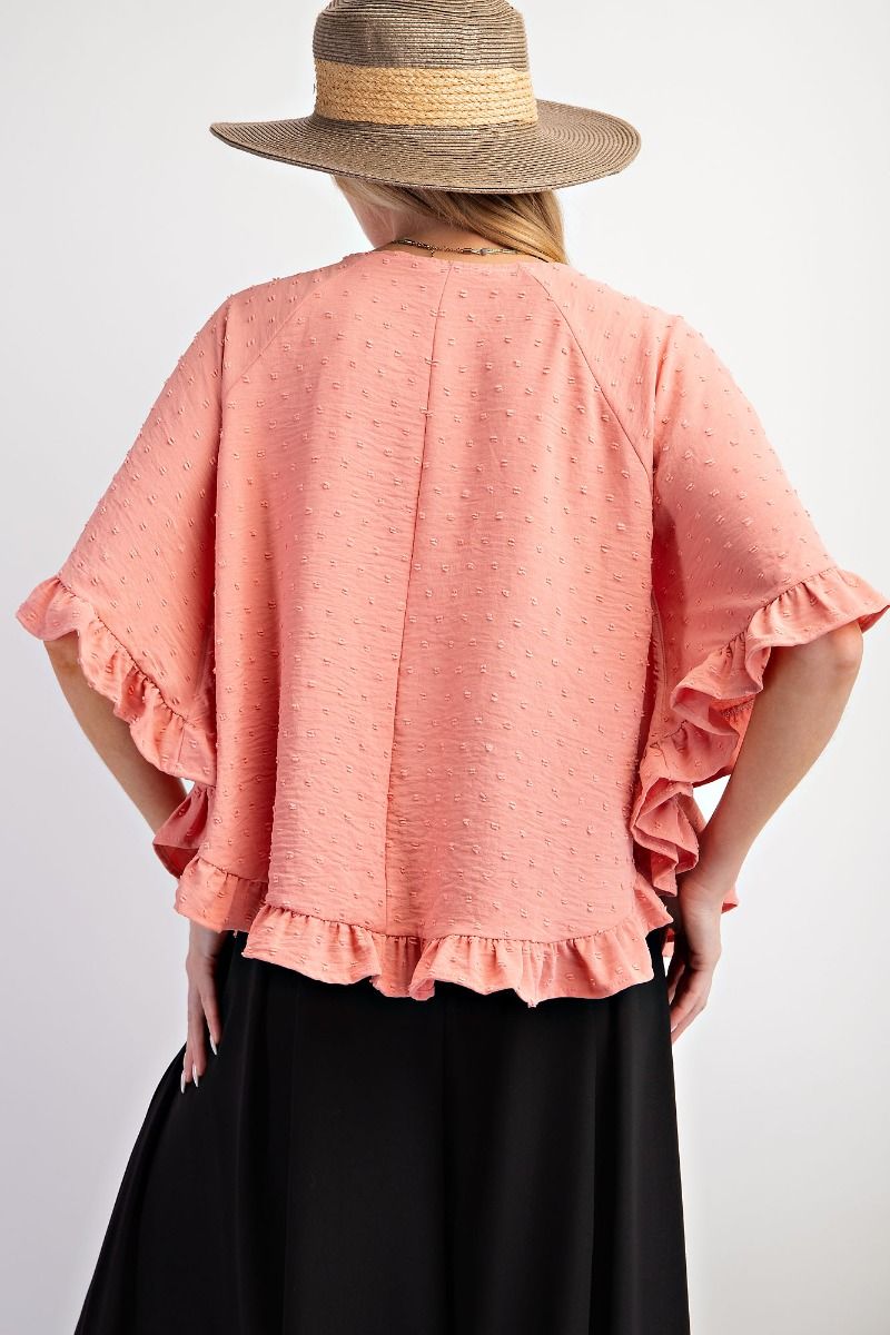 Easel Plus Pom Pom Ruched Edges Wing Half Sleeves Swing Tops