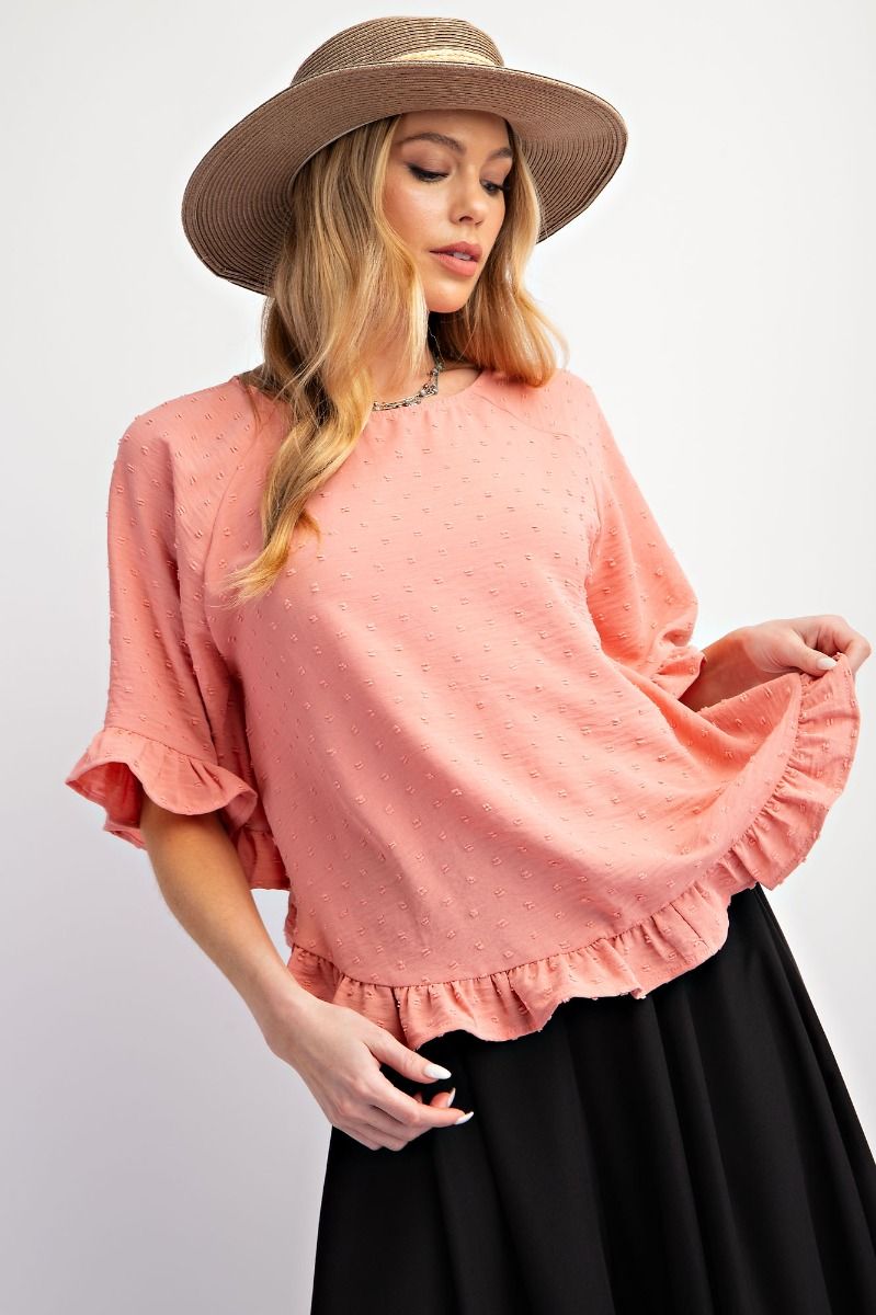 Easel Plus Pom Pom Ruched Edges Wing Half Sleeves Swing Tops